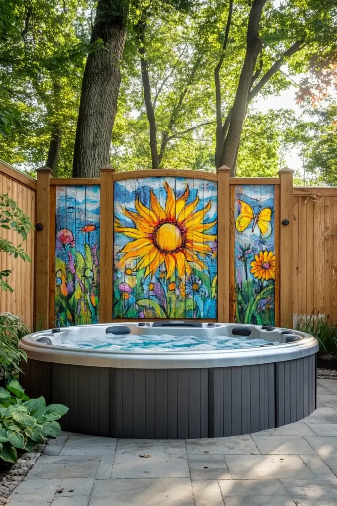 hot tub with with fence art