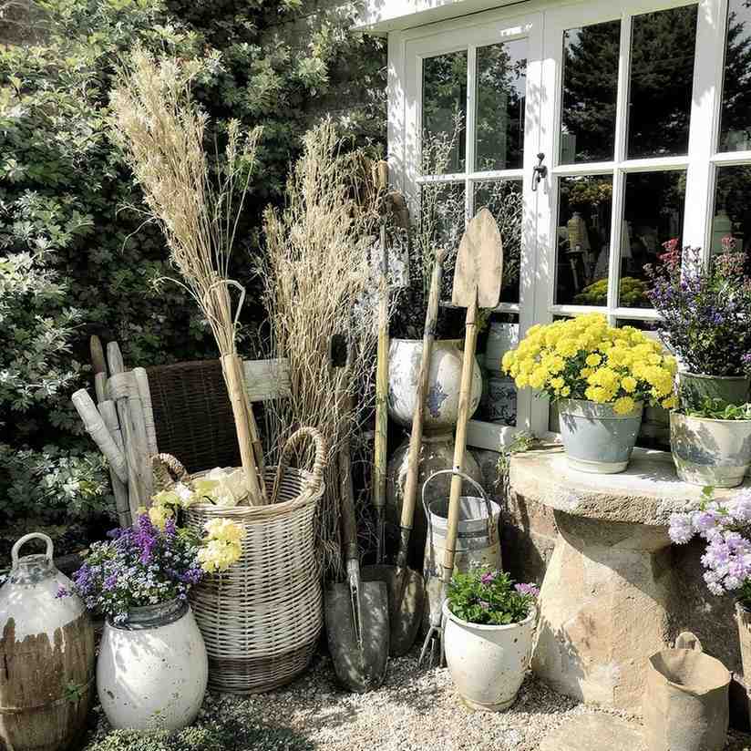 cottage garden decor Weathered Garden Tools as Decor