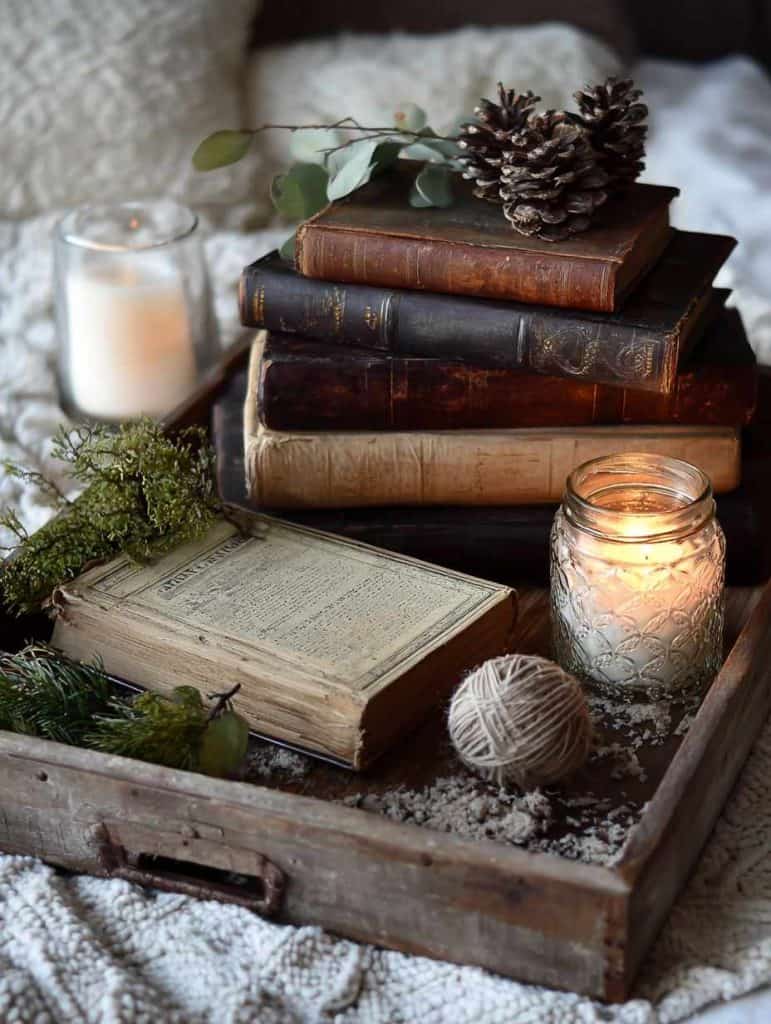 winter_tray_ideas (Books, Greens & Candle — Literate Charm)