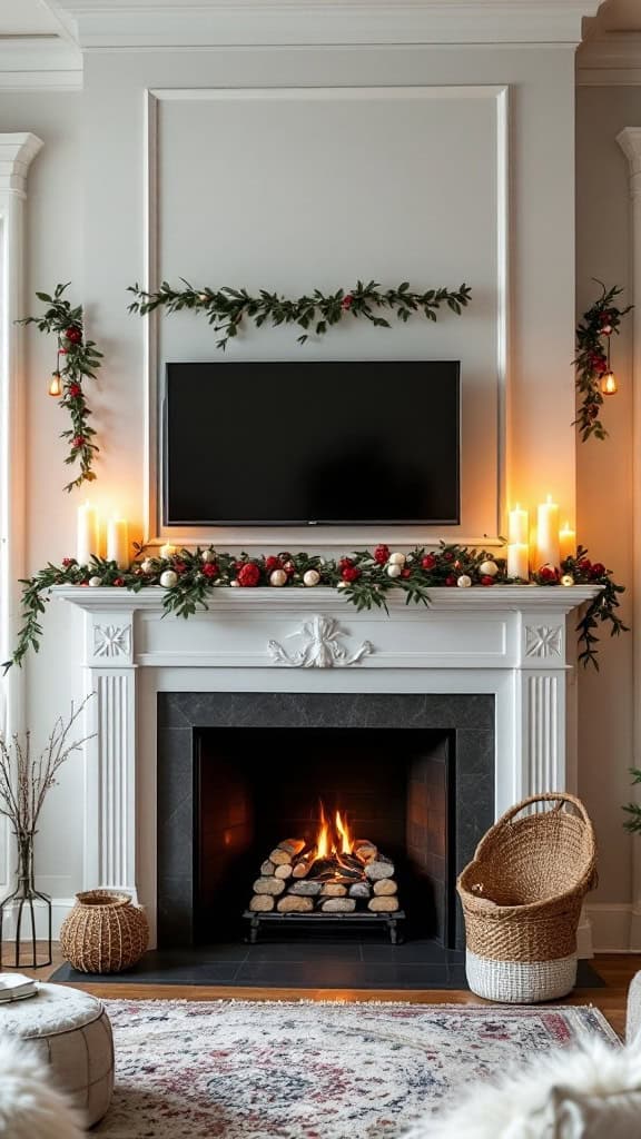 A beautifully decorated mantel with a TV above, featuring candles, garland, and decorative accents.