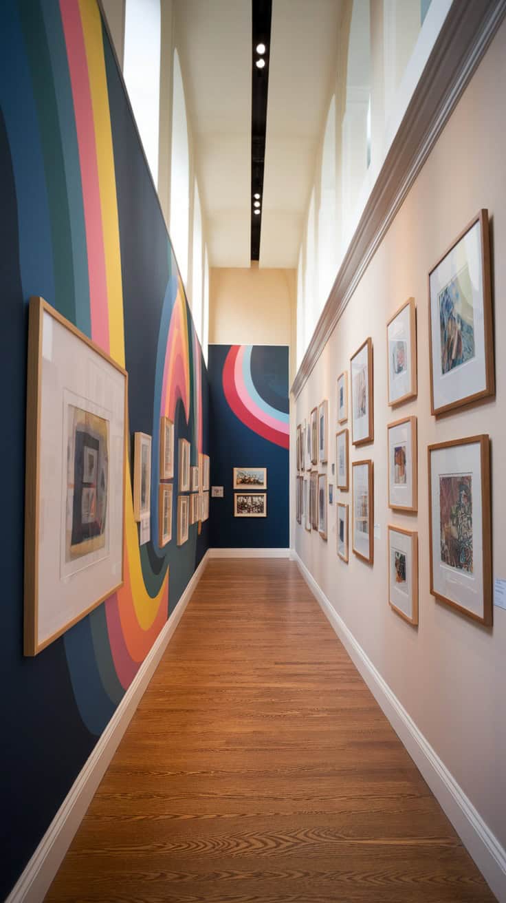 A hallway featuring an art gallery wall with colorful artworks and a vibrant mural.
