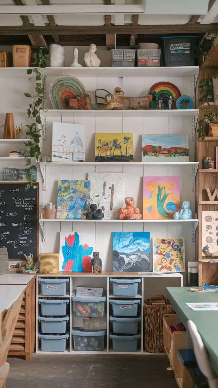 Shelves displaying colorful artwork and crafts in a bright and organized craft room.