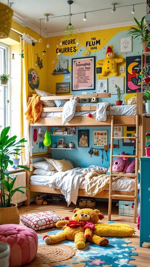 Colorful loft bed in a small room with playful decor