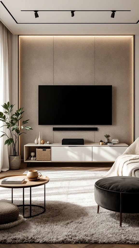 A stylish living room with a TV, minimalist furniture, and plants.
