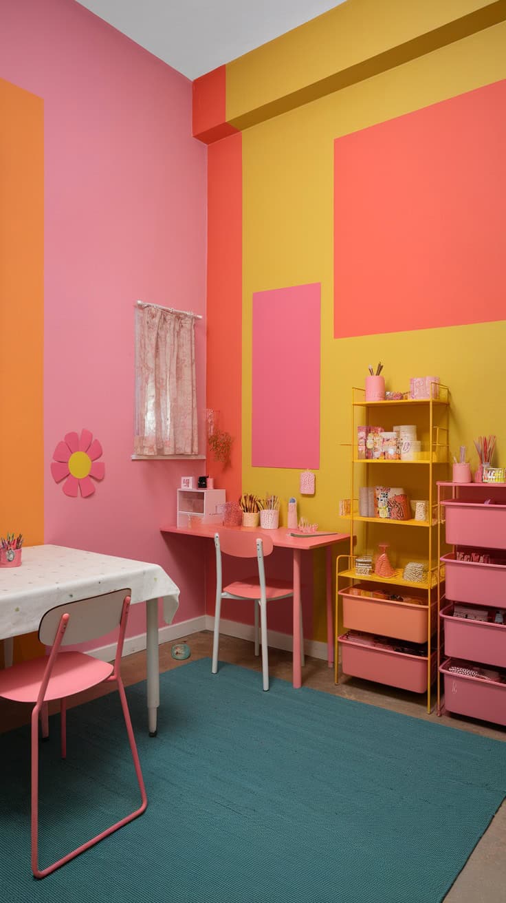 A vibrant craft room with pink and yellow walls, a colorful rug, and organized craft supplies.