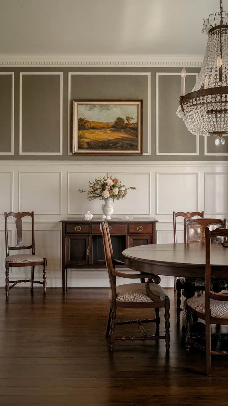 A classic wainscoting design in a dining area with elegant paneling and a chandelier.
