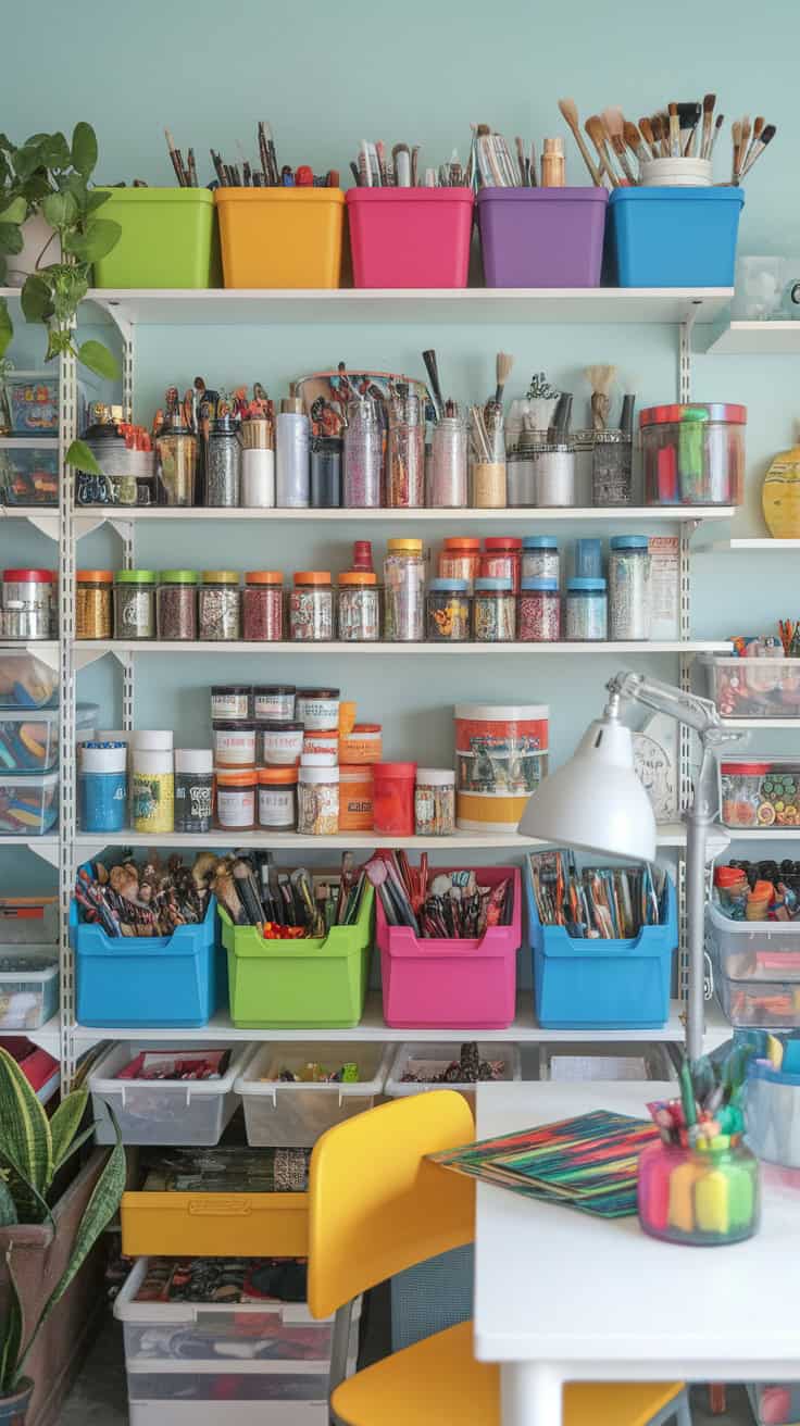 A vibrant craft room with colorful bins and jars filled with art supplies on shelves.