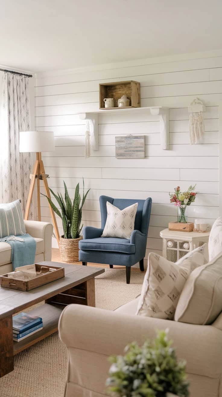A cozy living room featuring cottage-style shiplap walls, a blue chair, and natural decor.
