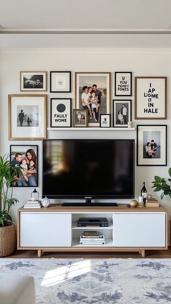 Gallery wall with framed photos and artwork around a TV