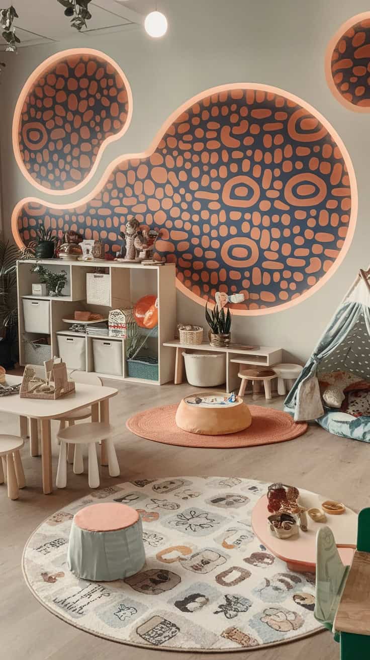 Room with distinctive round patterned accent wall in orange and navy, featuring playful decor.