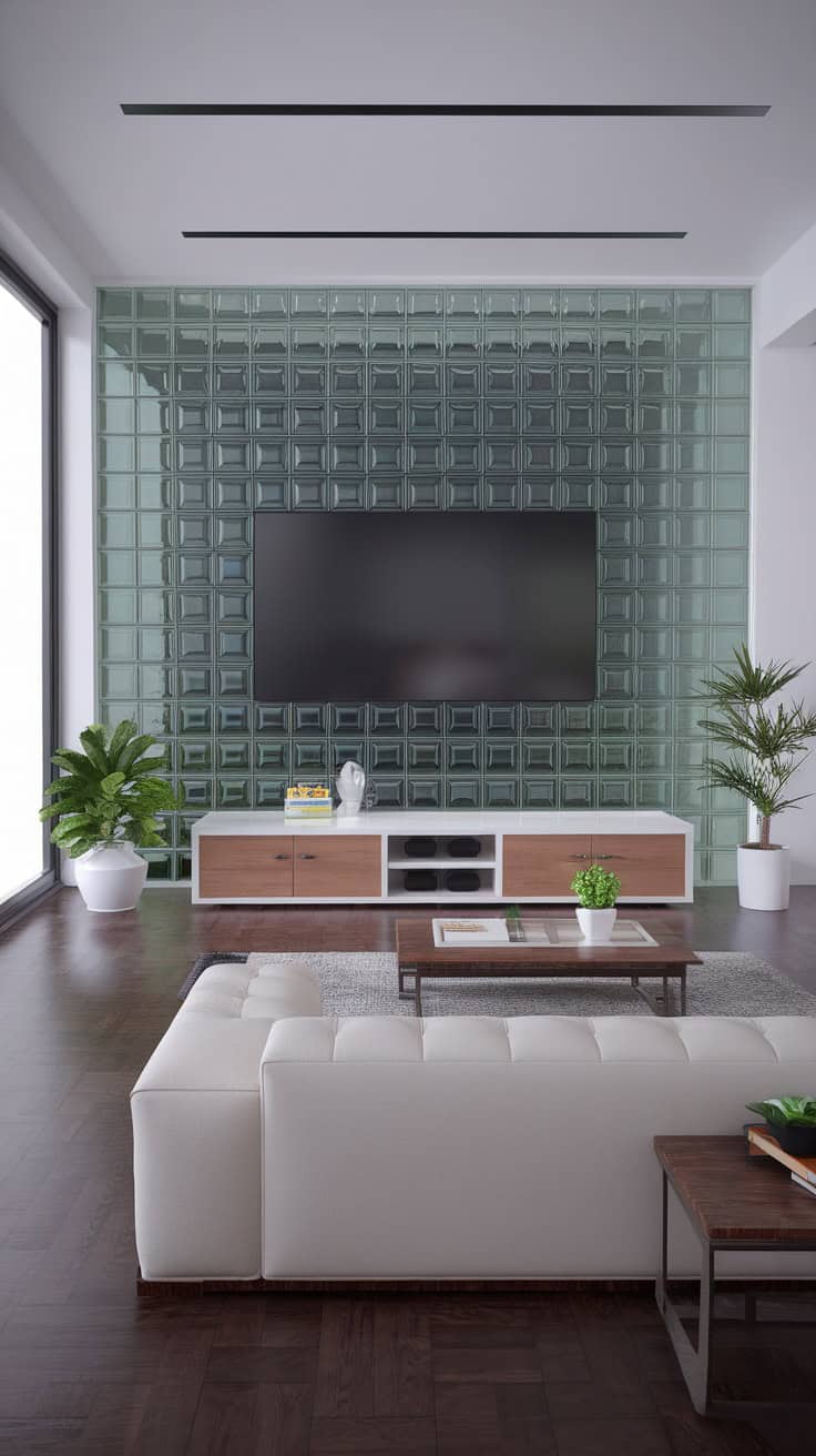 A modern living room featuring a dynamic 3D glass block accent wall, complemented by a sleek TV and stylish furnishings.
