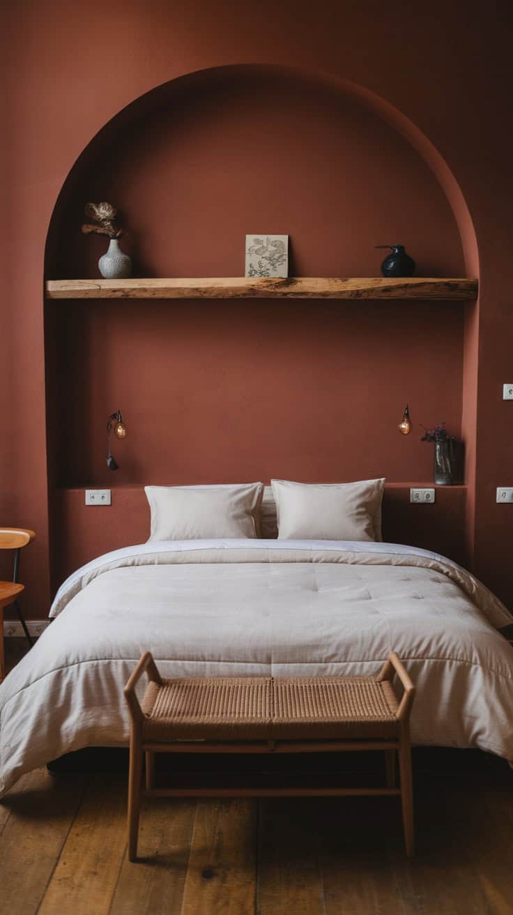 A cozy bedroom featuring a terracotta accent wall, wooden shelf, and neutral bedding.