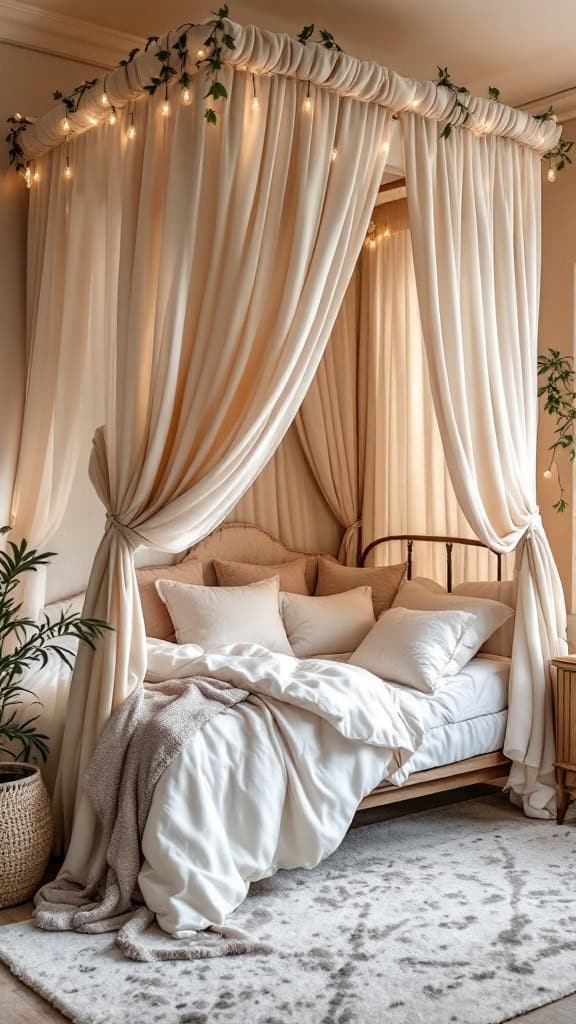 A cozy loft bed with a canopy made of soft drapes and fairy lights, creating a warm and inviting bedroom atmosphere.