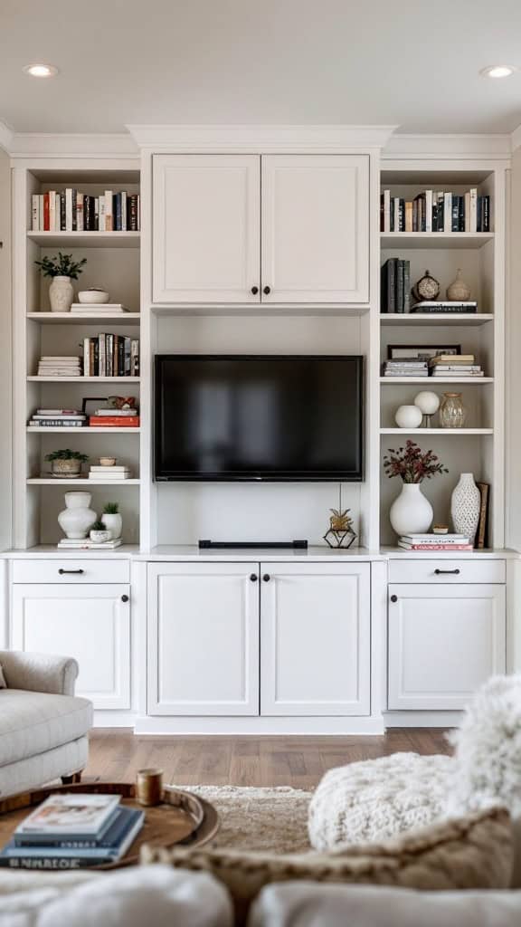 Living room with built-in cabinets framing a TV, showcasing books and decorative items.