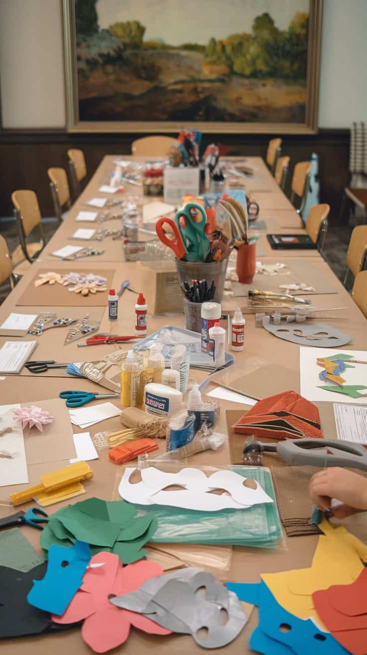 A craft room setup with various supplies for kids to use in group crafting activities.