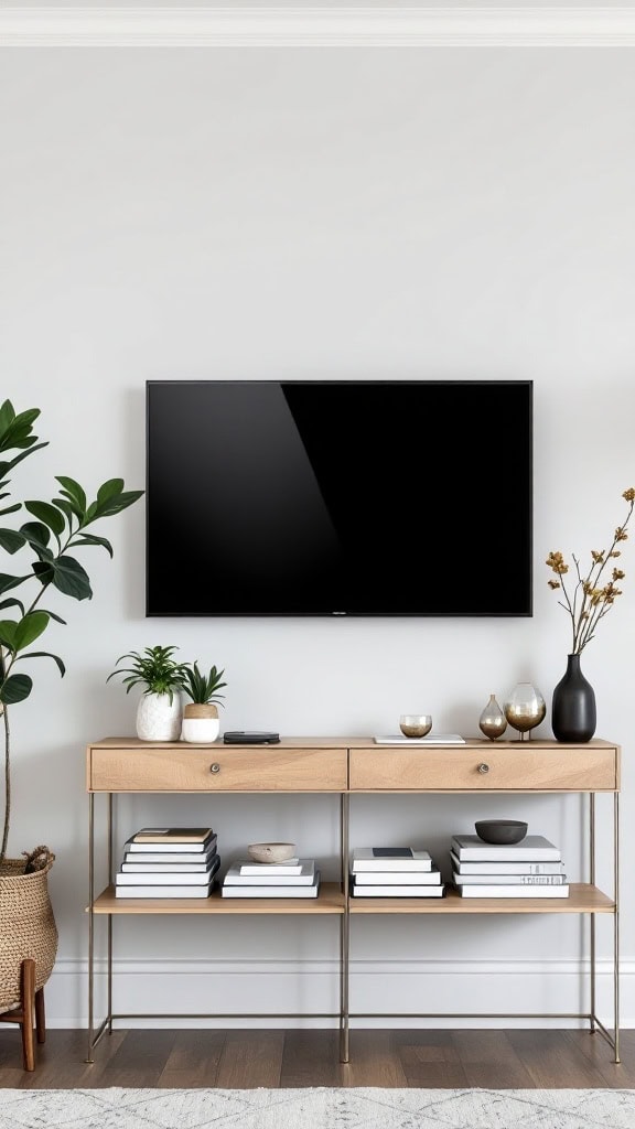 A modern living room with a TV mounted above a console table, featuring plants and decorative items.