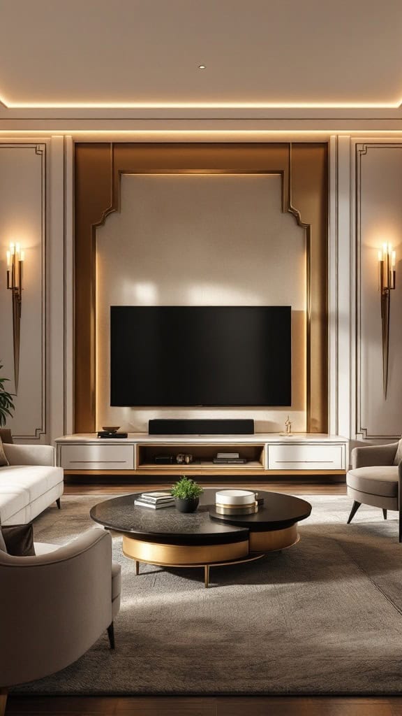 Stylish living room with Art Deco elements featuring a TV, elegant furniture, and golden accents.