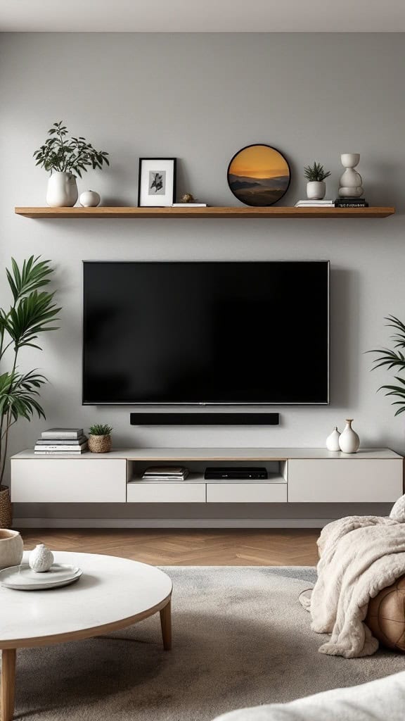 A modern living room with a TV mounted on the wall, surrounded by a wooden floating shelf displaying decorative items and plants.