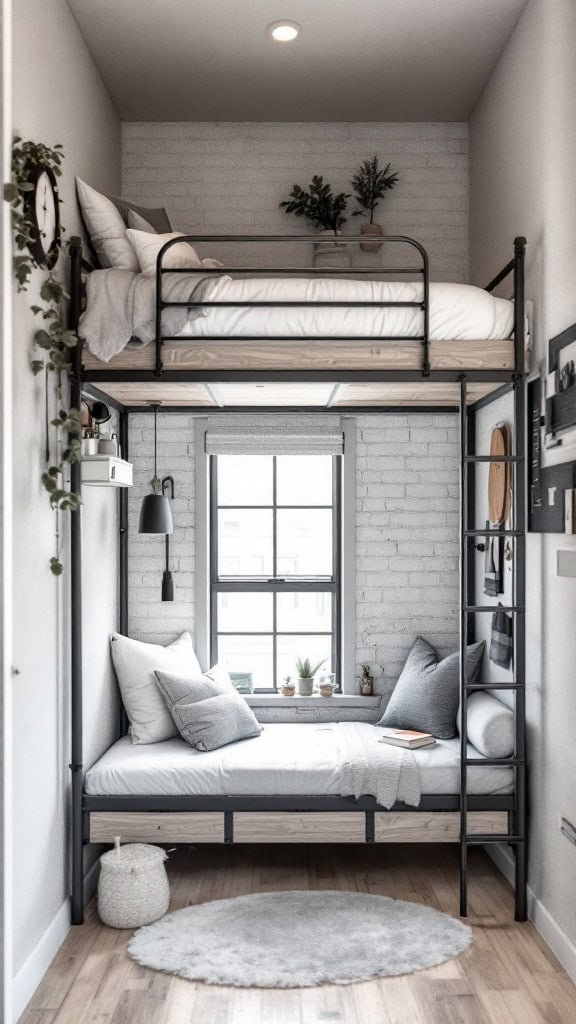 Industrial style loft bed with a top sleeping area and a cozy lower space.