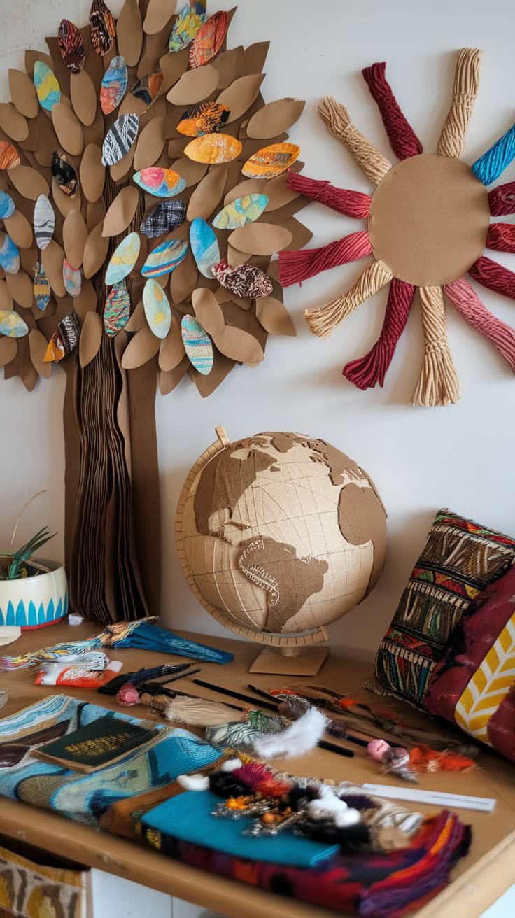 A craft room with a tree made of paper leaves, a globe, and various colorful items on a table.