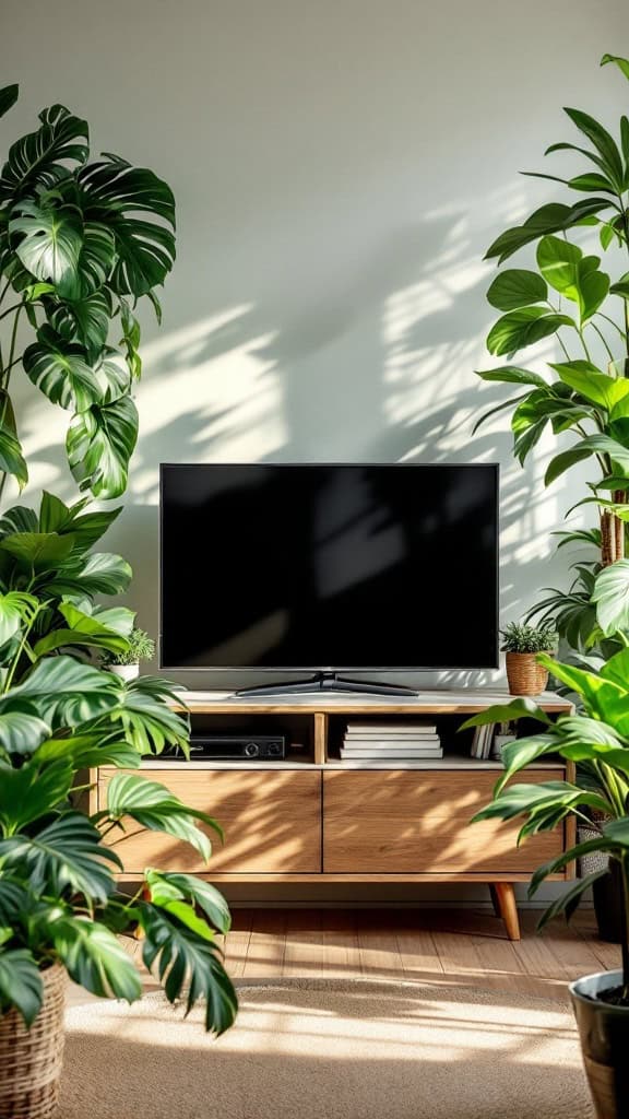 Living room with a TV surrounded by lush indoor plants.