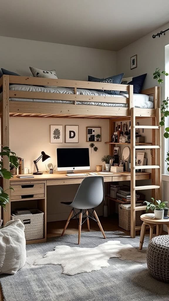 Stylish loft bed with study corner, featuring a desk, chair, and plants.