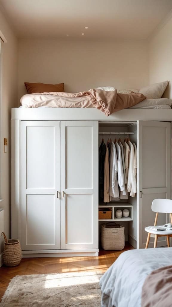 Loft bed with built-in closet featuring a cozy sleeping area and organized storage beneath.