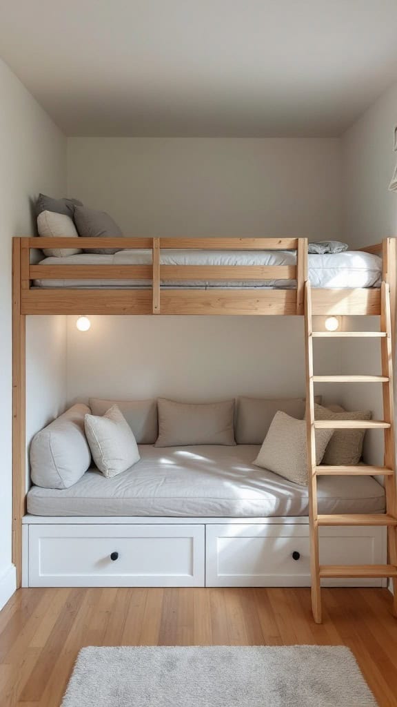 Loft bed with a built-in sofa, featuring light-colored cushions and drawers underneath.
