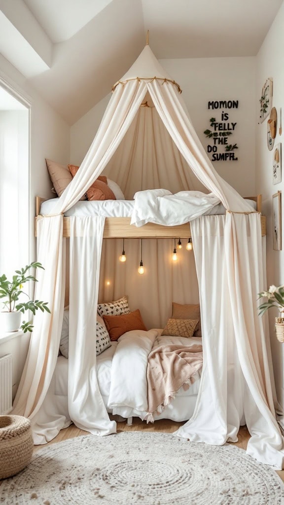 Loft bed with cozy canopy and decorative lights in a small bedroom setting
