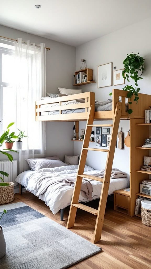 A cozy bedroom featuring a wooden loft bed with foldable features, creating a stylish and functional space.