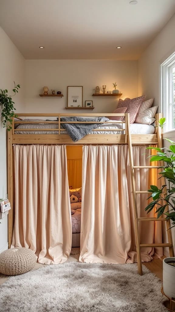 Loft bed with privacy curtain in a small room.