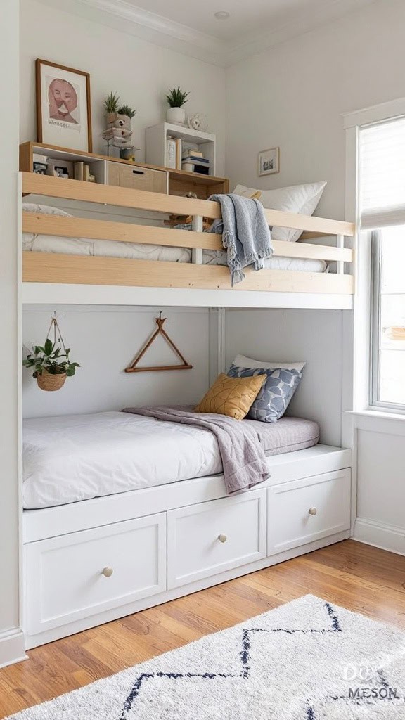 A stylish loft bed with under-bed storage in a small bedroom.