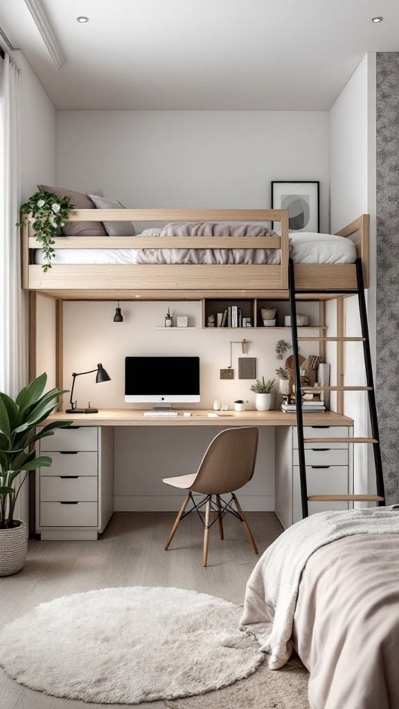 Minimalist loft bed featuring a desk space underneath, with a plant and computer on the desk.
