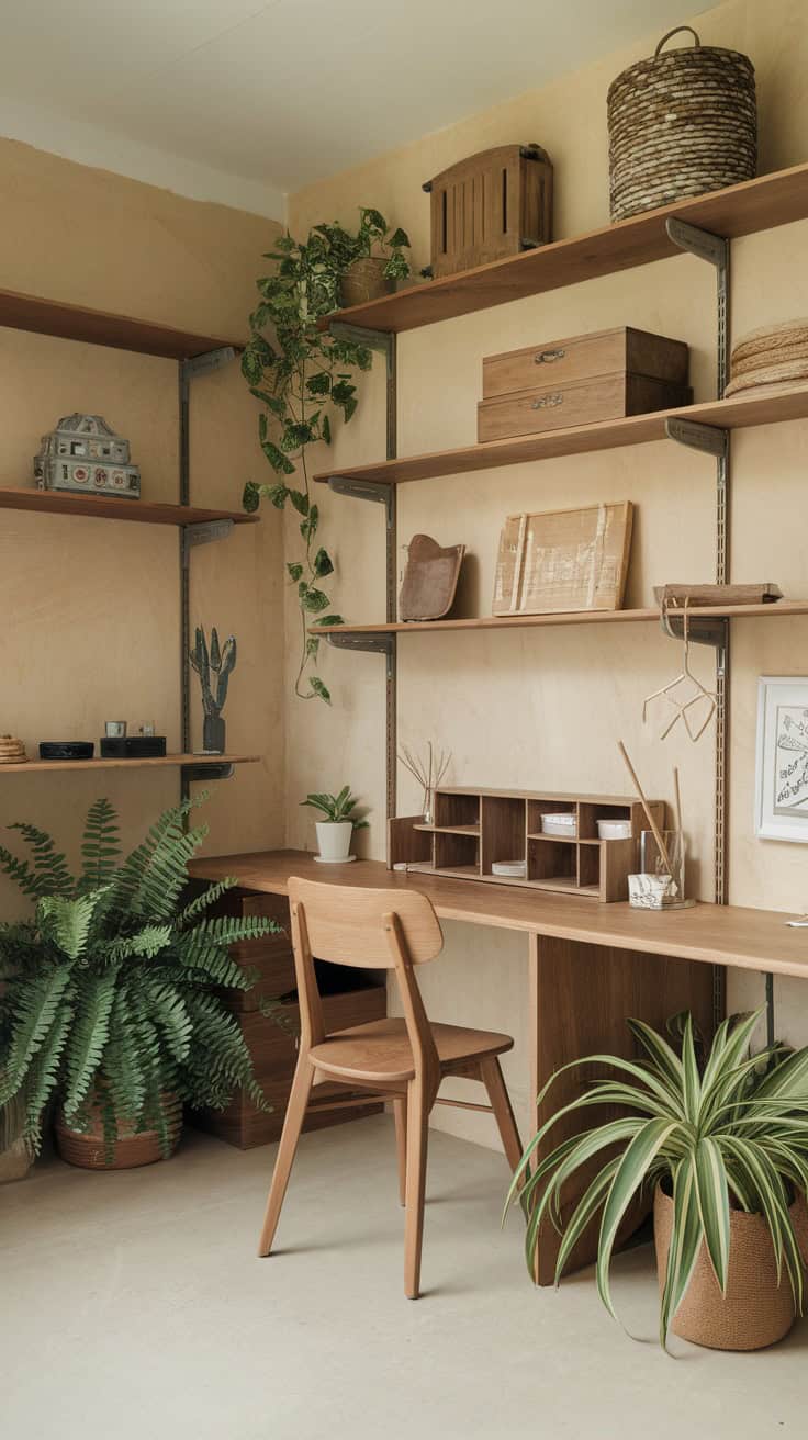 A cozy craft room with wooden shelves, plants, and natural decor elements.