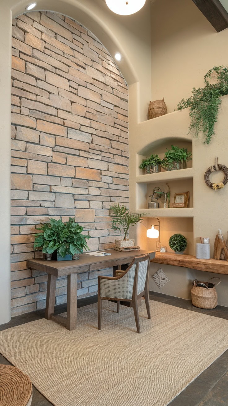 A nature-inspired stone accent wall in a stylish room with a wooden desk and plants.