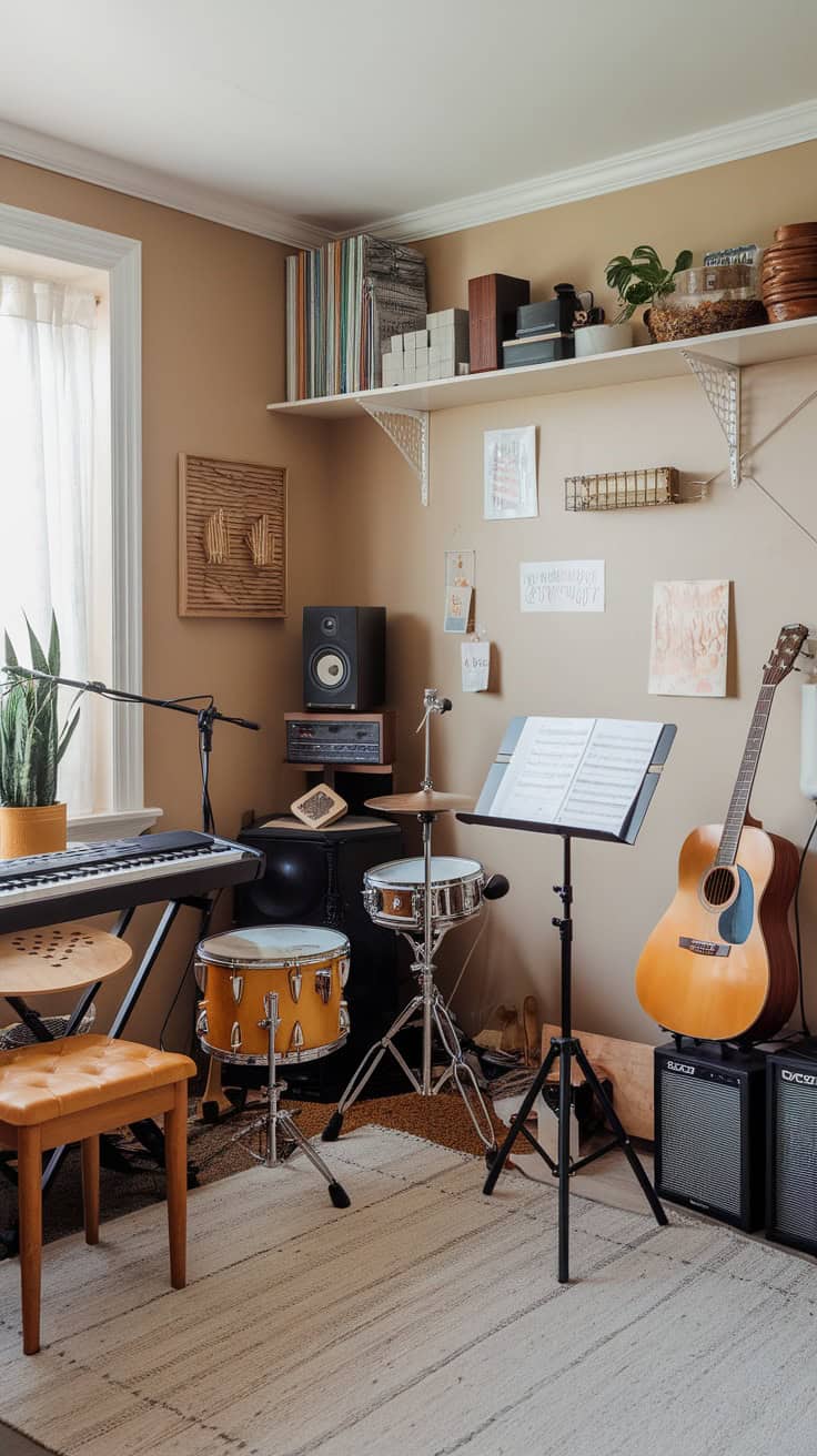 A cozy music corner with instruments like a keyboard, guitar, and drums.