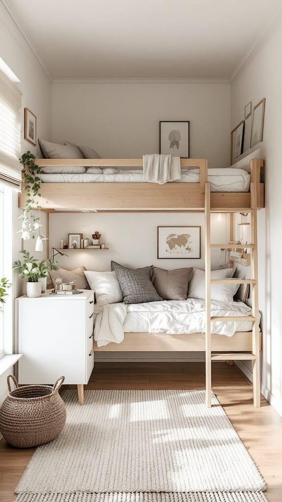 A Scandinavian inspired loft bed with a lower bed, white dresser, and plants in a small room.