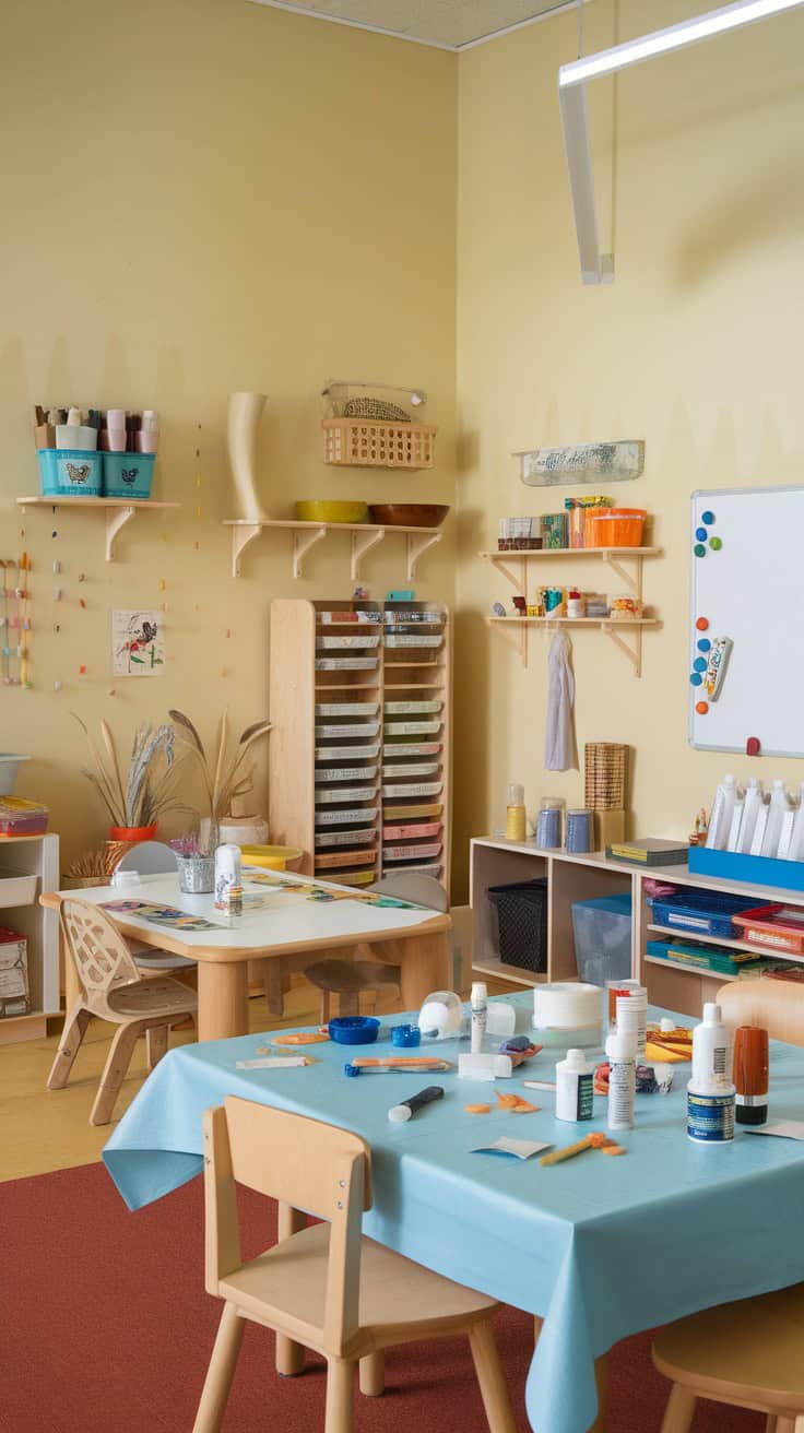 A colorful craft room filled with various art supplies, including paints, papers, and tools, designed for kids' crafting.