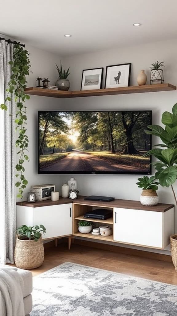 Stylish corner TV setup with plants and shelves
