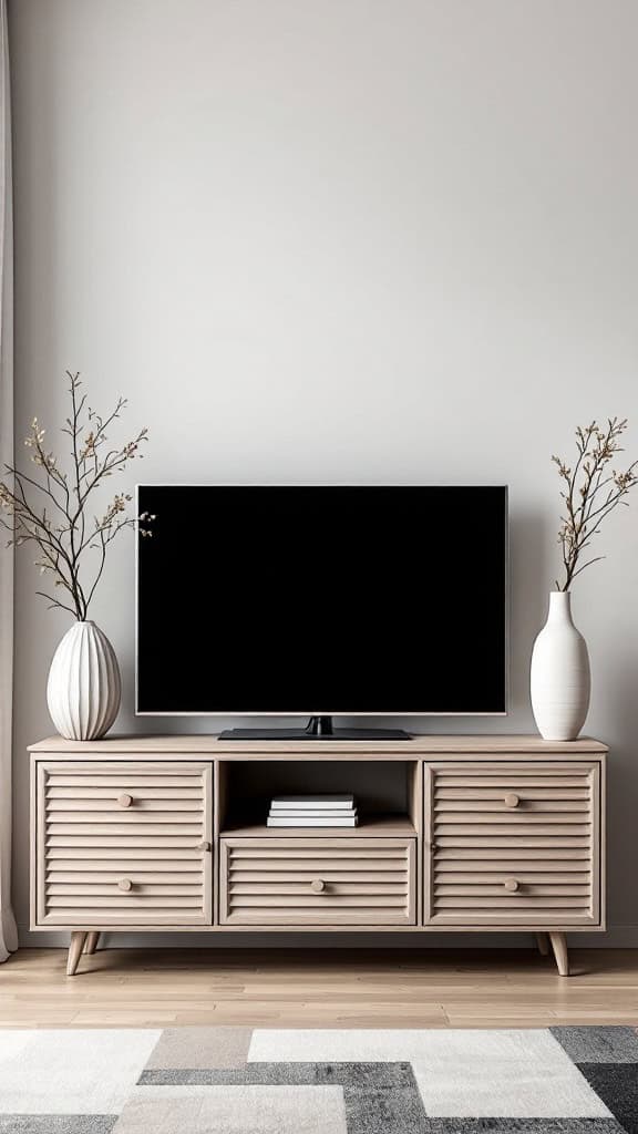 Modern TV stand with storage, featuring two vases and a sleek design.