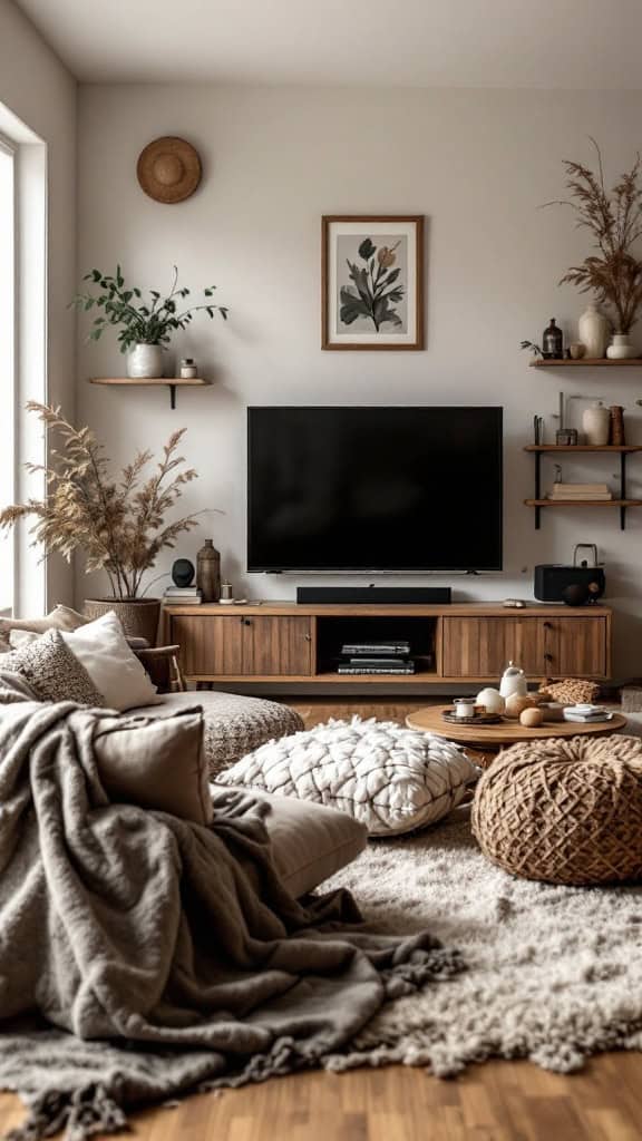 Living room with a TV, soft textiles, and cozy decor
