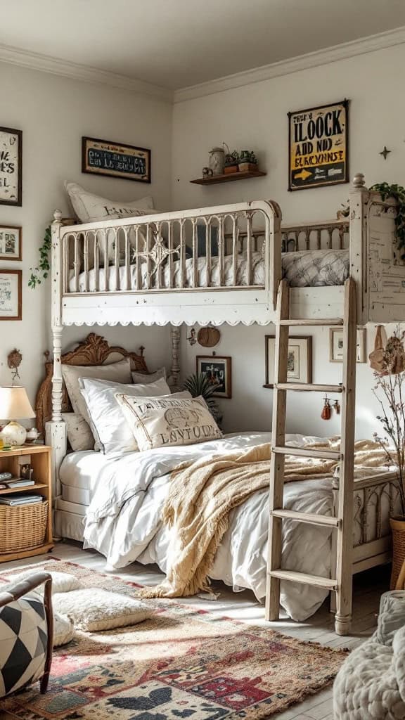 A cozy vintage style loft bed with decorative pillows, a ladder, and warm lighting.