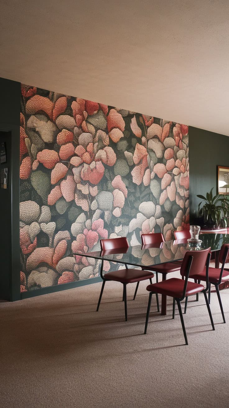 A dining area featuring vintage floral wallpaper with red chairs around a glass table.