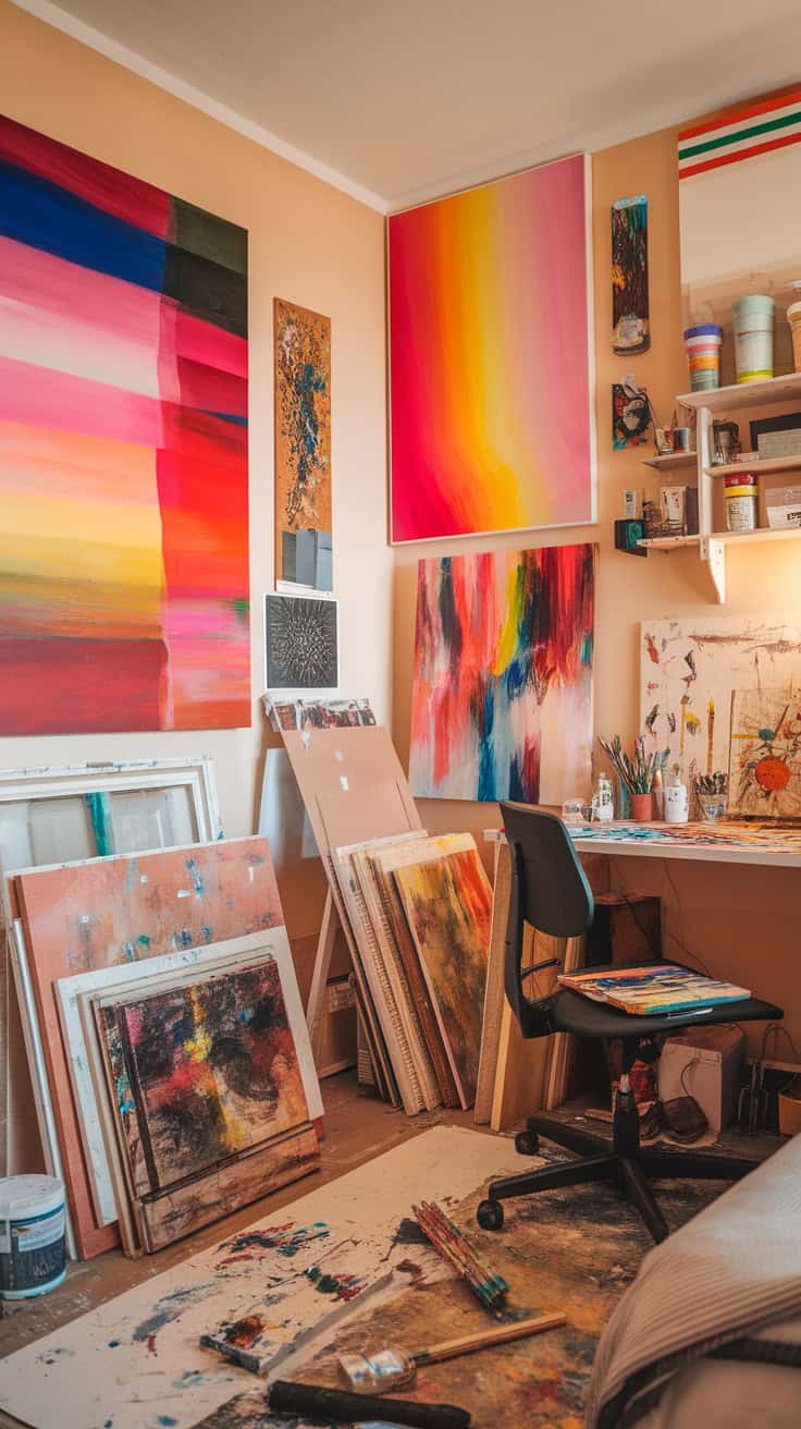 A vibrant artistic studio with colorful paintings on the walls, an organized desk, and art supplies scattered around.