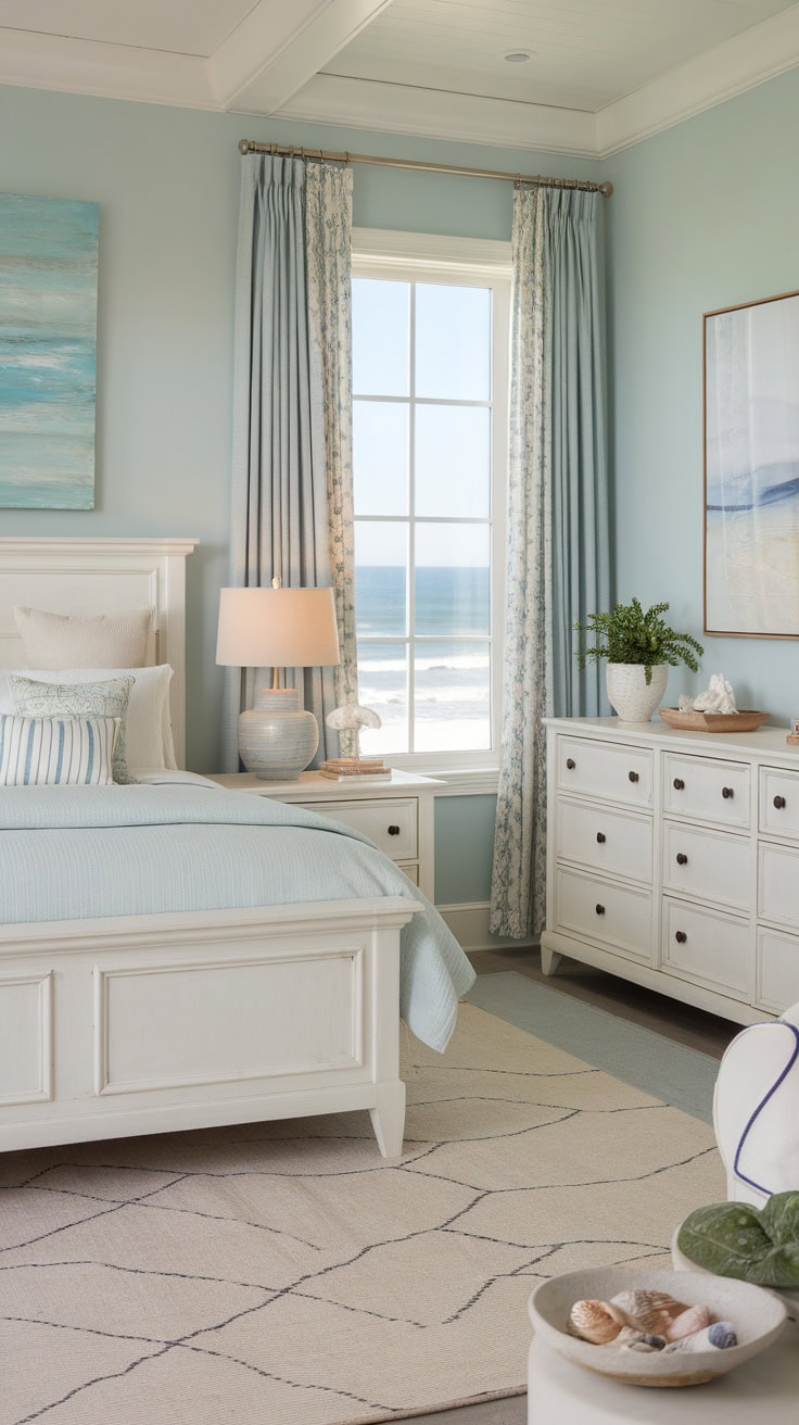 A beachy coastal bedroom featuring soft blue colors, natural textures, and a serene ocean view.