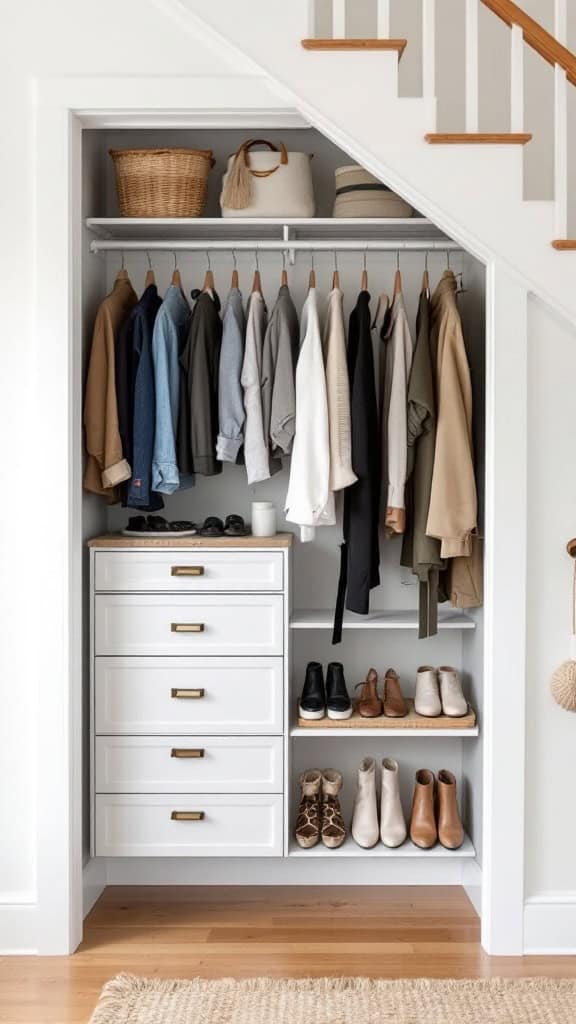 Custom under-stair closet with clothes, shoes, and storage baskets