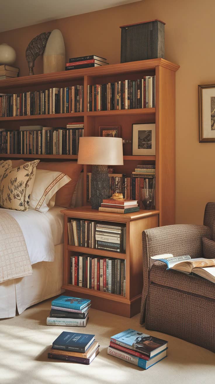 A cozy bedroom with embedded bookshelves in the furniture, featuring a lamp and books on the floor.