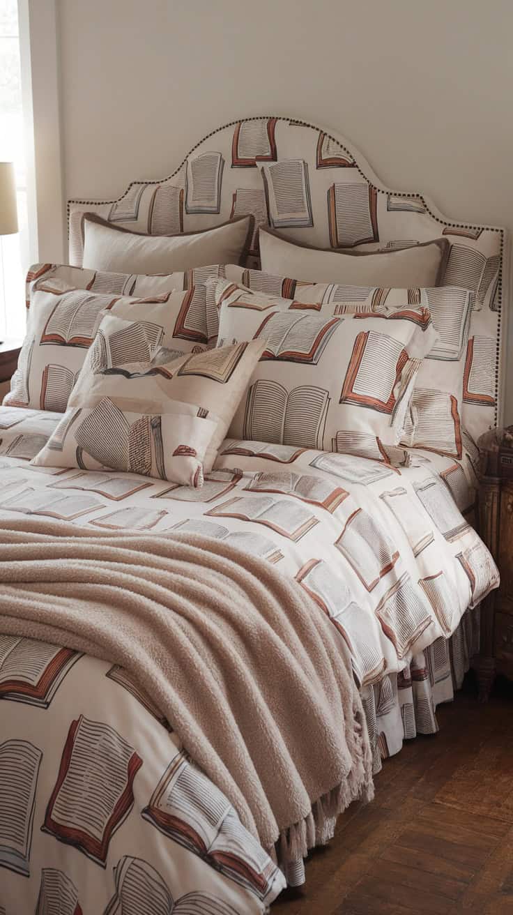 A cozy bedroom with bedding featuring illustrations of open books, complemented by neutral pillows and a soft blanket.