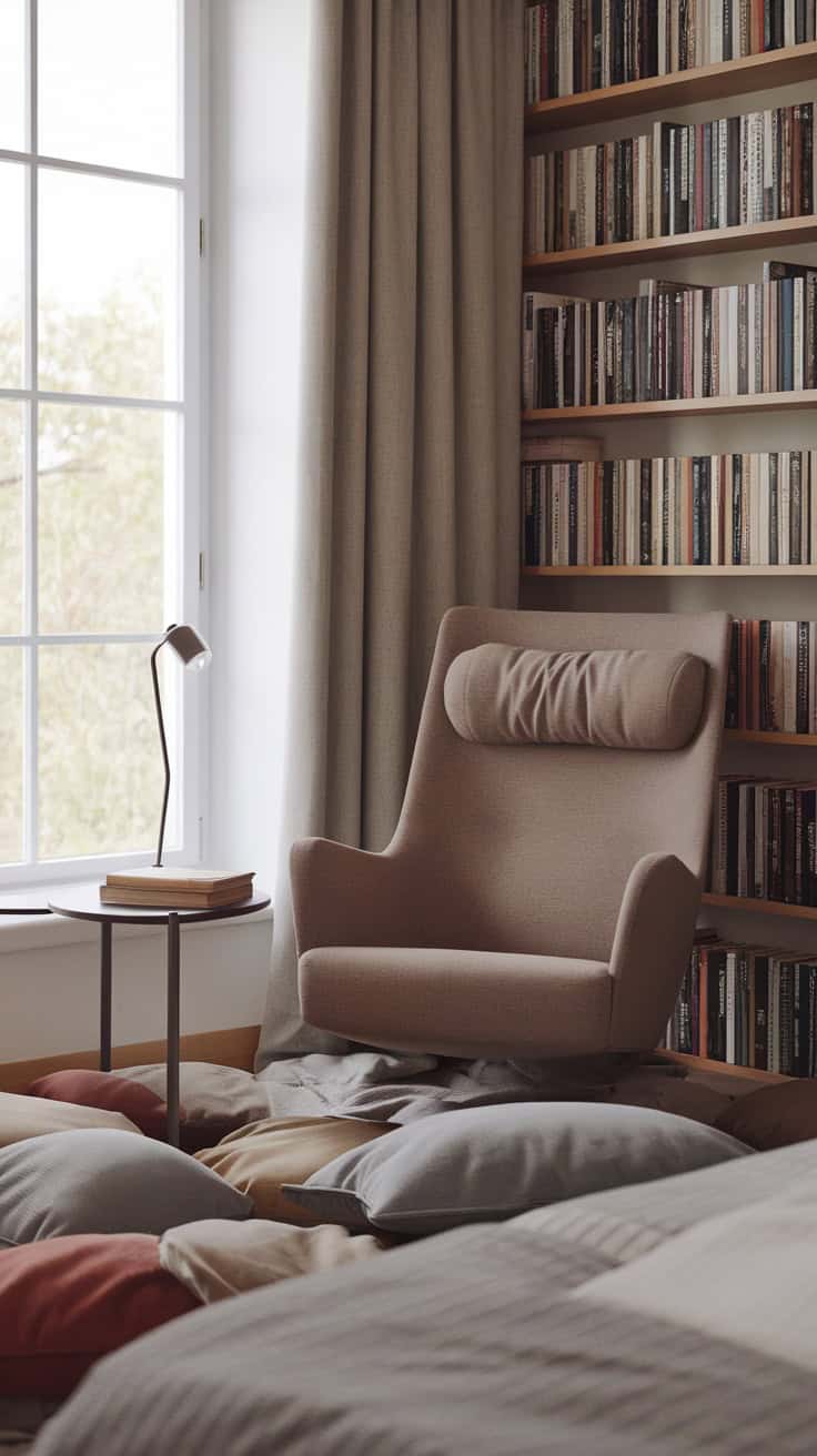 Cozy reading corner with a chair, pillows, and book shelves