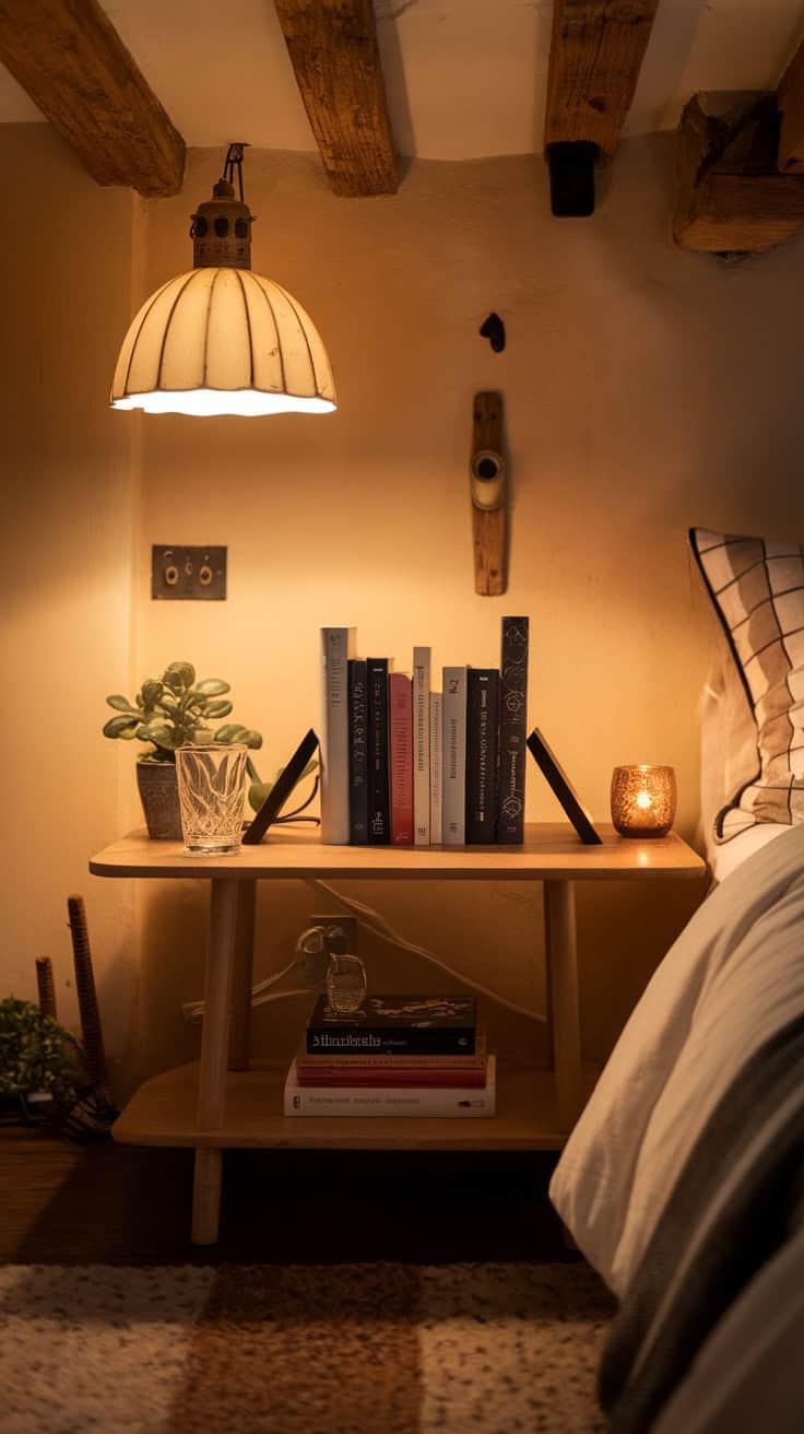 A cozy bedroom corner featuring a wooden shelf with books held up by stylish bookends, a glass, and a plant.